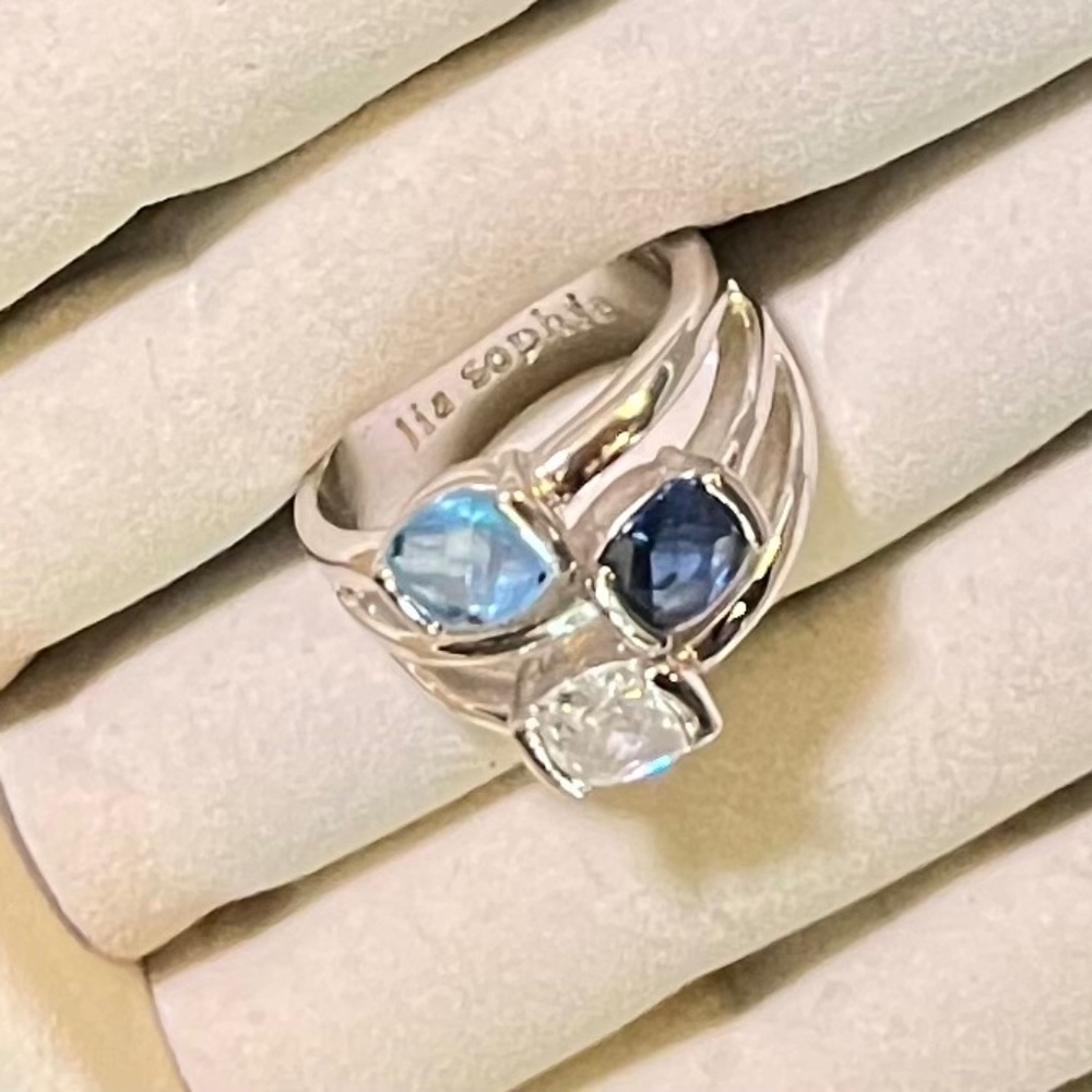 Lia Sophia "Riviera" 3 Dark Blue & Clear Stones Silver Tone Ring - size 7